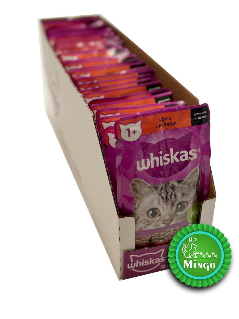 پوچ ویسکاس گوشت گاو در سس گراوی +1 (بسته 28 عددی-28*85گرمی) | Whiskas Pouch Beef In Gravy+1