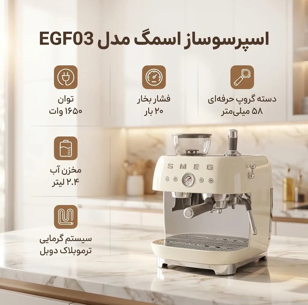 اسپرسوساز 2.4 لیتری اسمگ مدل EGF03 با آسیاب دان قهوه قابل تنظیم، پمپ بخار 20 بار و سیستم گرمایشی ترموبلاک دوبل، دارای نازل بخار با 2 سطح فشار — تصویر ۳