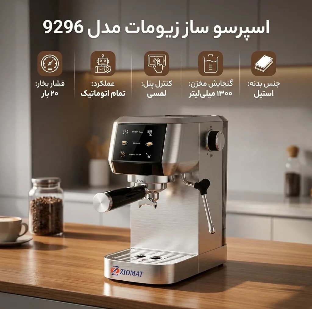 اسپرسوساز خانگی تماماتوماتیک 1300 میلیلیتری زیومات مدل 9296 با فشار بخار 20 بار، توان 1350 وات، قابلیت تنظیم دما و بدنه استیل — تصویر ۴
