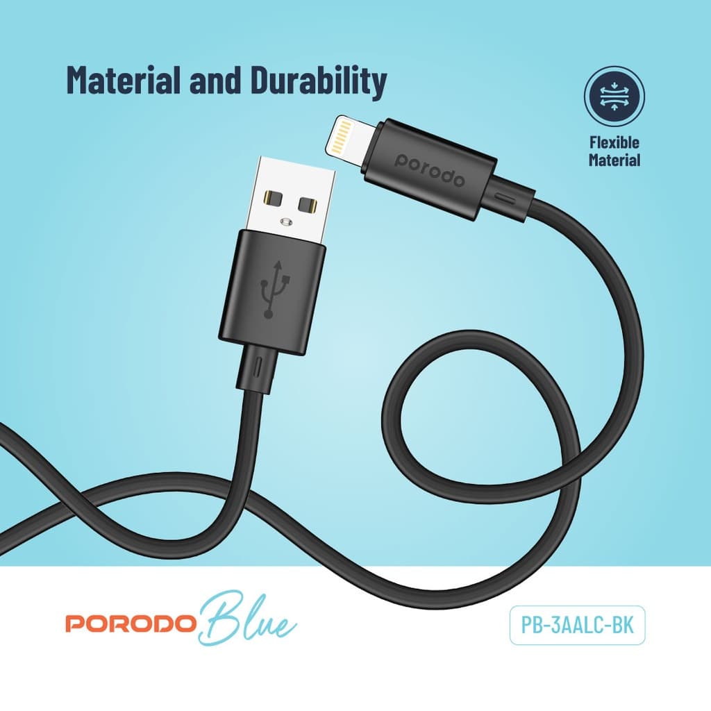 کابل شارژ و دیتا lightning فست 1.2متری Porodo blue 3A — تصویر ۲