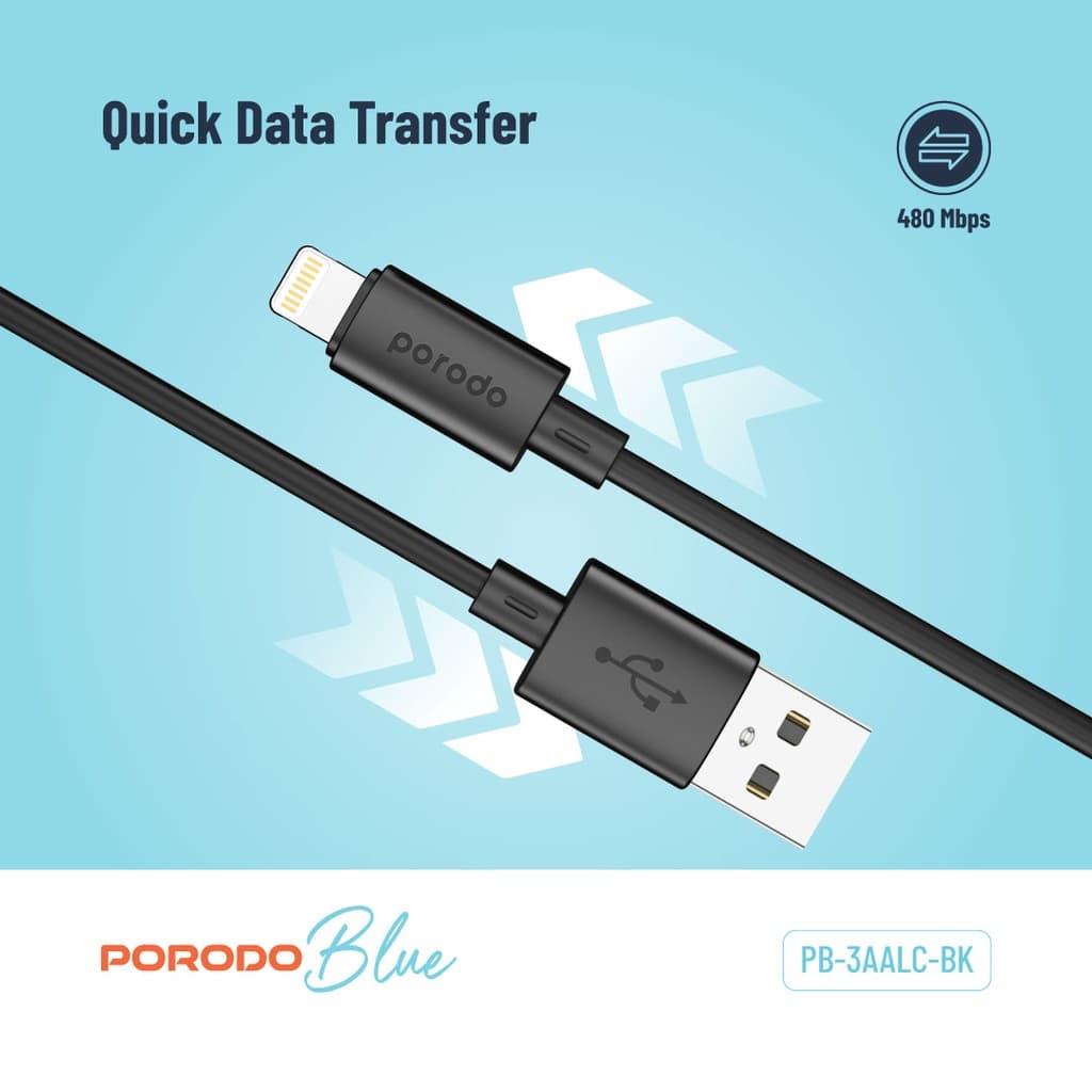 کابل شارژ و دیتا lightning فست 1.2متری Porodo blue 3A — تصویر ۳
