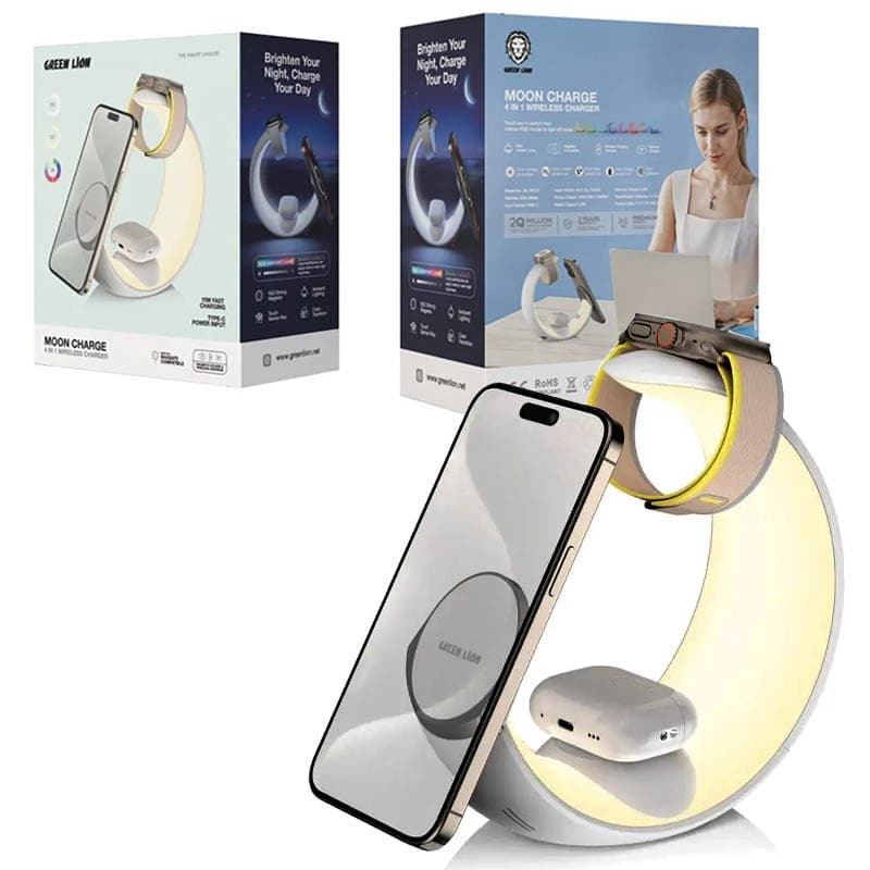 استند شارژ وایرلس و شب خواب Green Lion Moon Charge 4 in 1 Wireless Charger