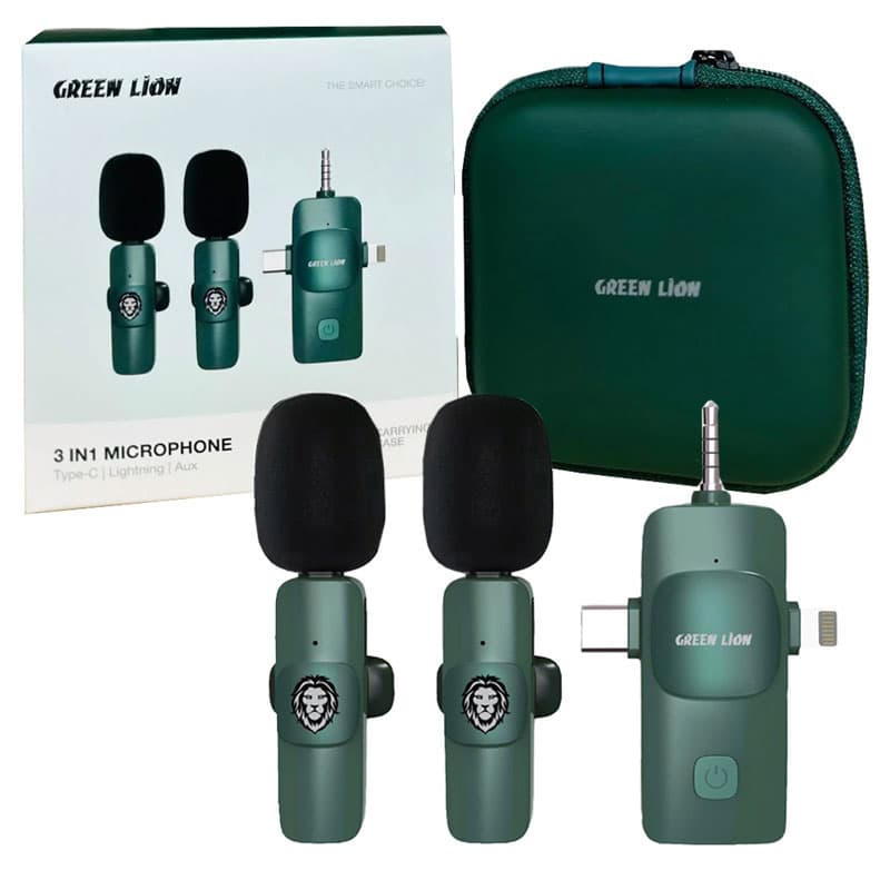 میکروفن یقه ای بیسیم شارژی 2عددی سبز یا مشکی بهمراه کاور Green Lion Type C,Aux،Lightning 3in1