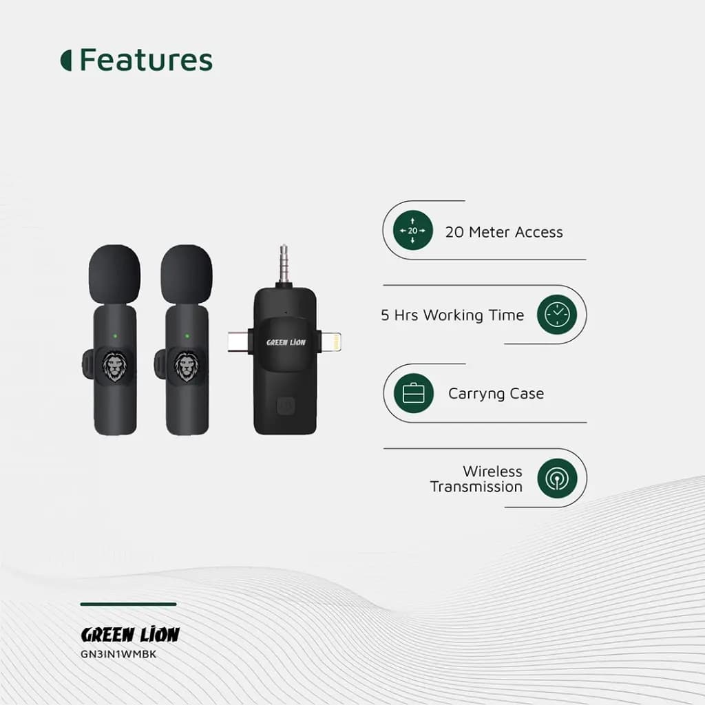 میکروفن یقه ای بیسیم شارژی 2عددی سبز یا مشکی بهمراه کاور Green Lion Type C,Aux،Lightning 3in1 — تصویر ۷