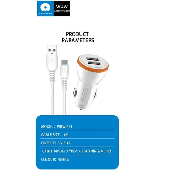 شارژر فندکی 2 پورت بهمراه کابل Type C فست WUW T71 — تصویر ۴