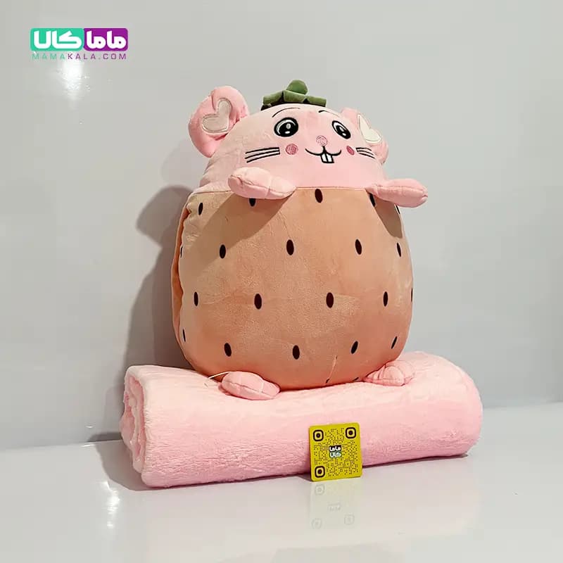 عروسک موش بالشتی پتودار + گرمکن دست مدل توت‌فرنگی 50 سانتیمتر — تصویر ۲