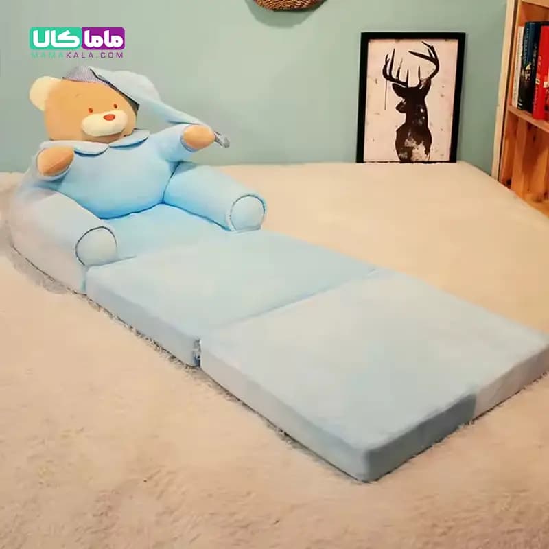 مبل کودک طرح خرس آبی کلاه دار دو منظوره تختخواب شو — تصویر ۲