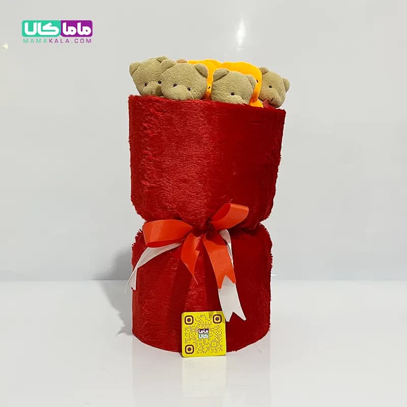 بوکت دسته گل زرشکی عروسک خرس تدی کد 08 — تصویر ۲