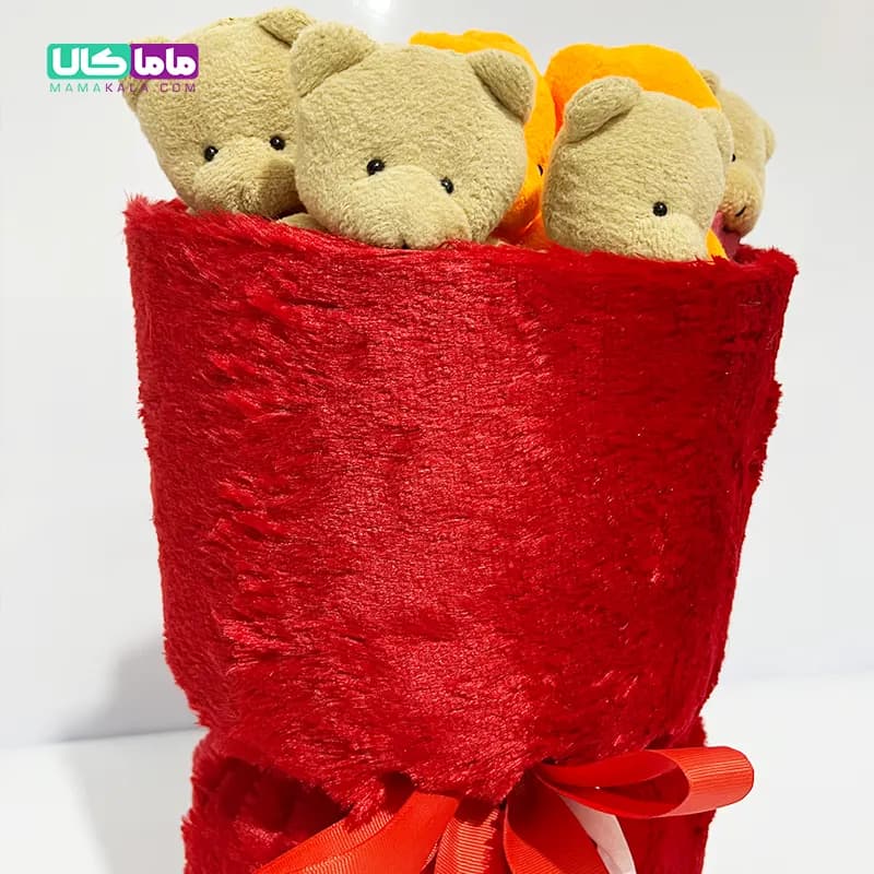 بوکت دسته گل زرشکی عروسک خرس تدی کد 08 — تصویر ۳