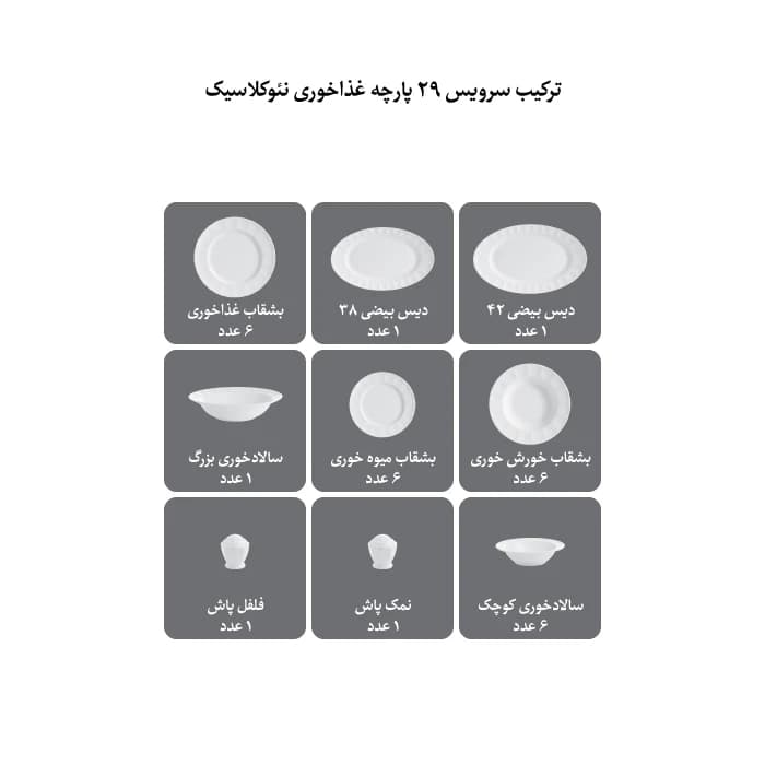 سرویس چینی زرین 29 پارچه غذاخوری نئوکلاسیک دلسا درجه عالی — تصویر ۵