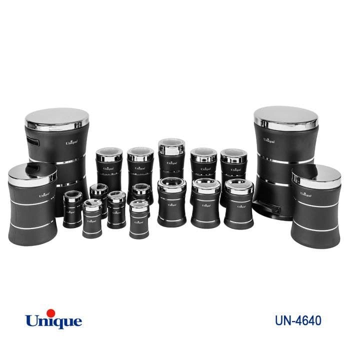 سرویس آشپزخانه 18 پارچه یونیک Unique کمر باریک سنباده ای مشکی درب استیل کد UN-4640