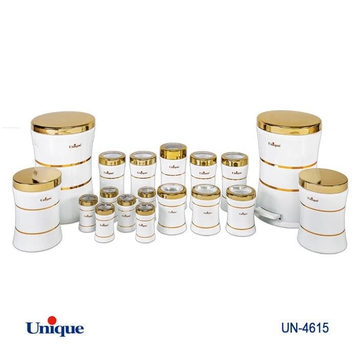 سرویس آشپزخانه 18 پارچه یونیک Unique کمر باریک سنباده ای سفید درب طلایی کد UN-4615