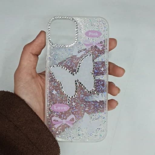 گارد Iphone 13 طرح شفاف نگین دار و شاین دار پروانه ای دور نگین آیفون 13 نرمال قاب و کاور