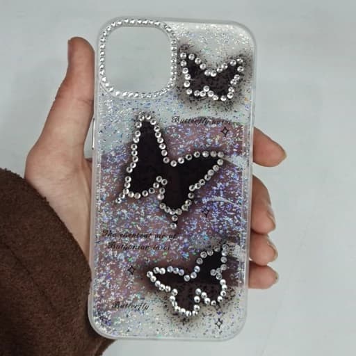 گارد Iphone 13 طرح شفاف نگین دار و شاین دار پروانه ای رنگ مشکی دور نگین آیفون 13 نرمال قاب و کاور