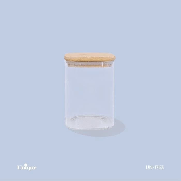 بانکه شیشه ای یونیک Unique درب چوبی مربع 13 سانت کد UN-1763