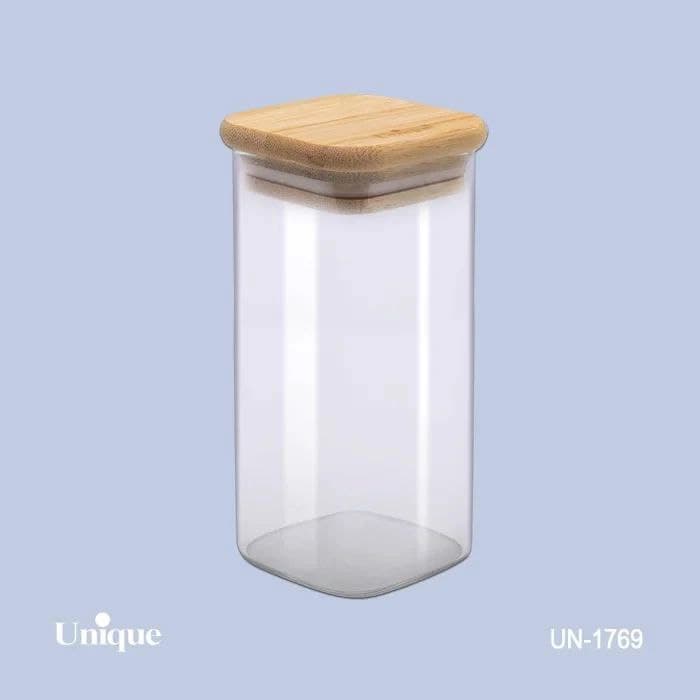 بانکه شیشه ای یونیک Unique درب چوبی مربع 12 سانت کد UN-1769