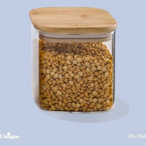 بانکه شیشه ای یونیک Unique درب چوبی مربع 10 سانت کد UN-1764