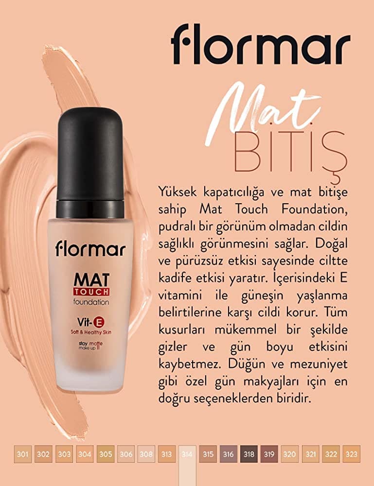 کرم پودر فلورمار مات تاچ شیشه ای اصل flormar mat touch foundation