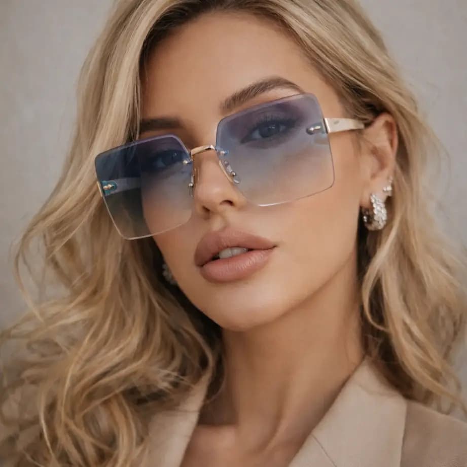 عینک آفتابی زنانه طرح جدید فریم لس مربعی | عینک آفتابی فشن لاکچری با UV400 و کیف زیپ‌دار