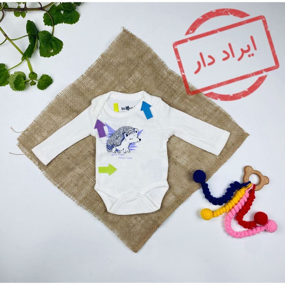 ایراد دار _ بادی نوزادی آستین بلند طرح جوجه تیغی سفید رنگ – 0 تا 3 ماه