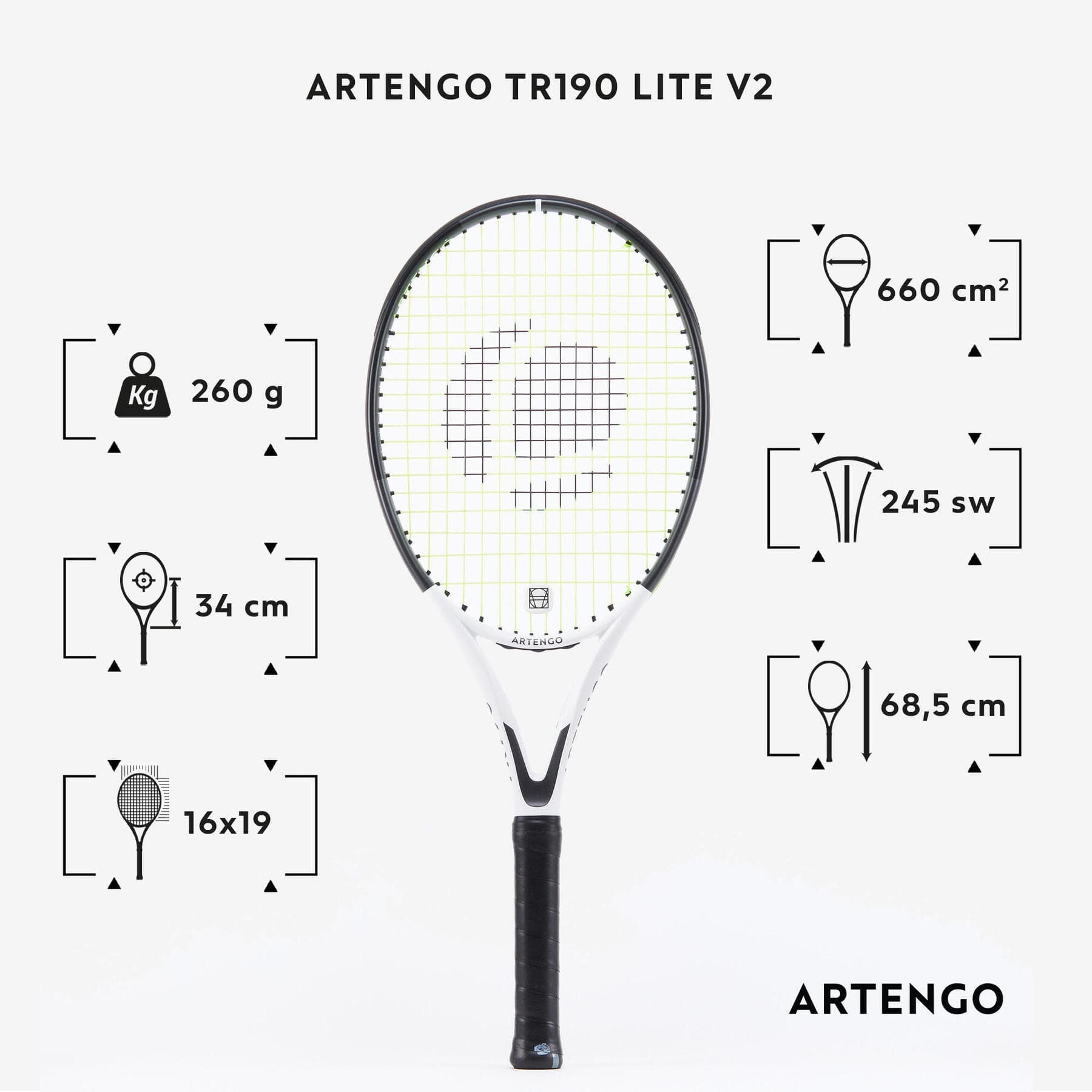 راکت تنیس بزرگسالان آرتنگو ARTENGO TR190 LITE V2 – مشکی/سفید — تصویر ۲