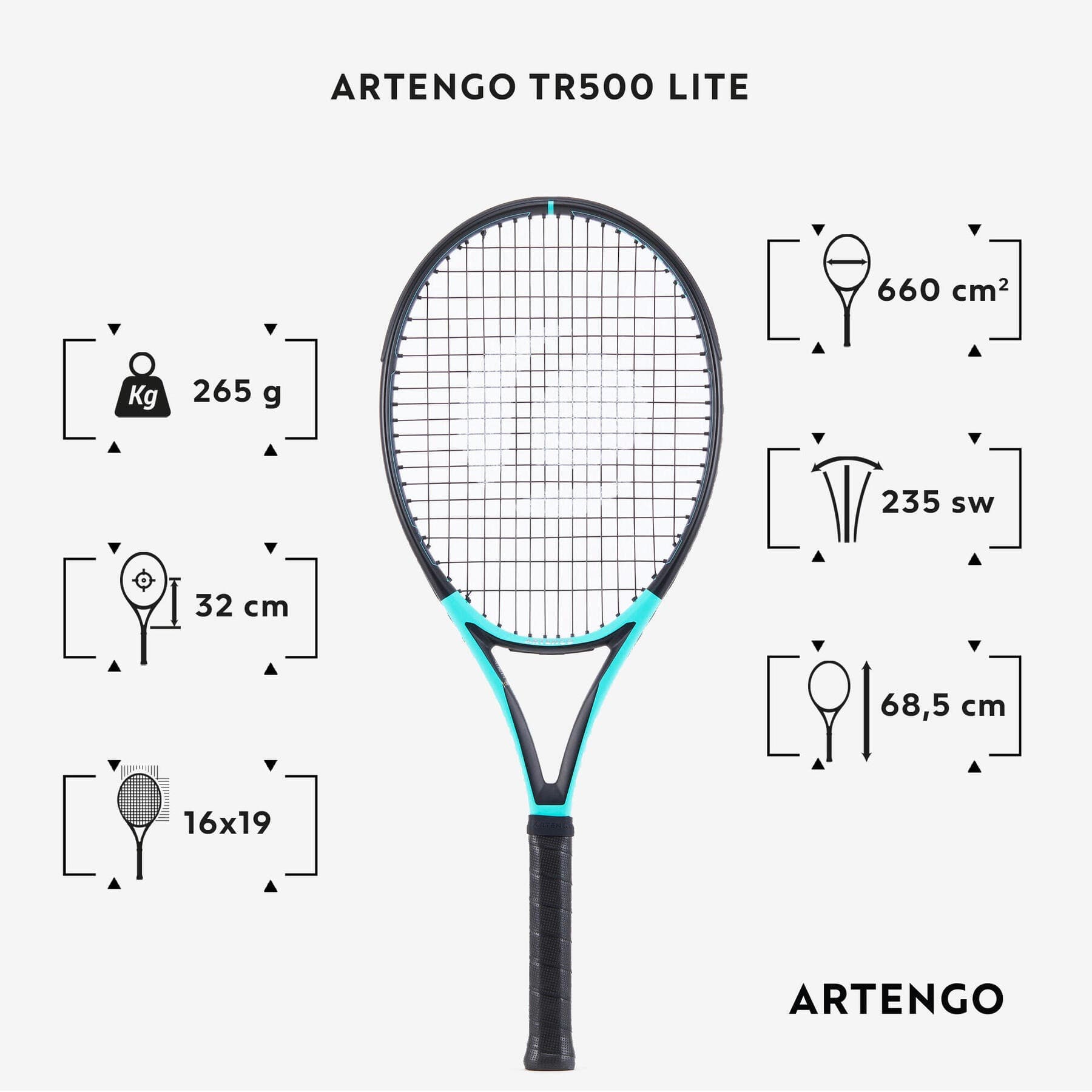 راکت تنیس بزرگسالان آرتنگو ARTENGO TR500 LITE– مشکی/آبی — تصویر ۲