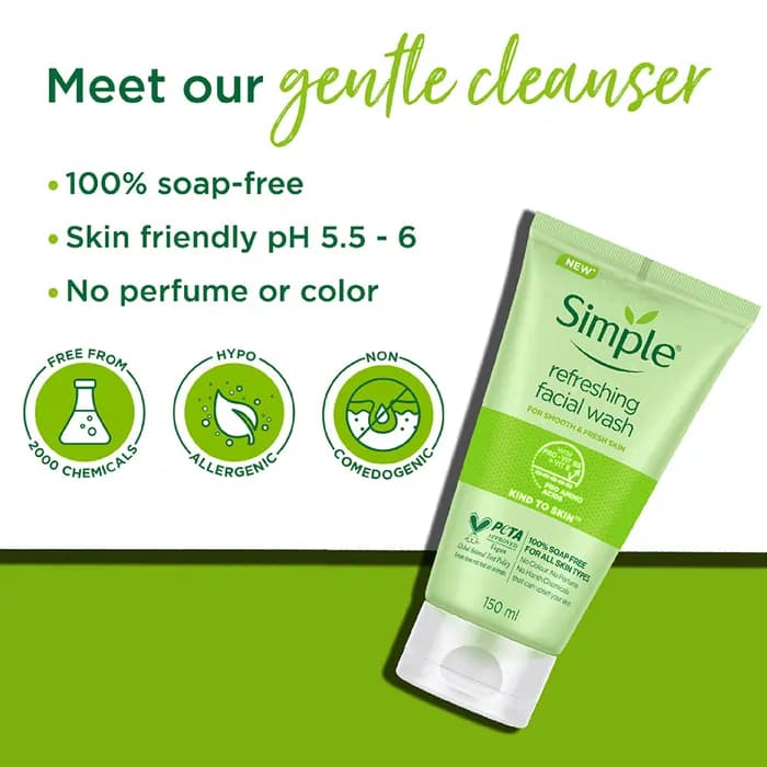 ژل شستشو صورت سیمپل Simple مدل Refreshing Face Wash – فاقد صابون و مناسب انواع پوست | حجم 150 میلی‌لیتر — تصویر ۷