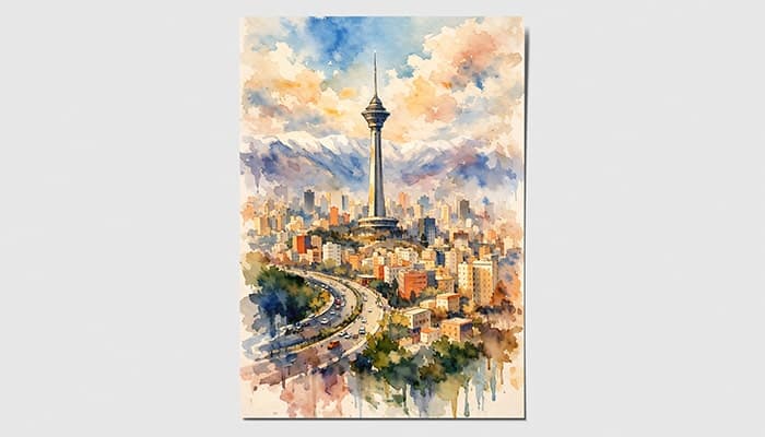 تصویر شهر تهران با برج میلاد طرح آبرنگی