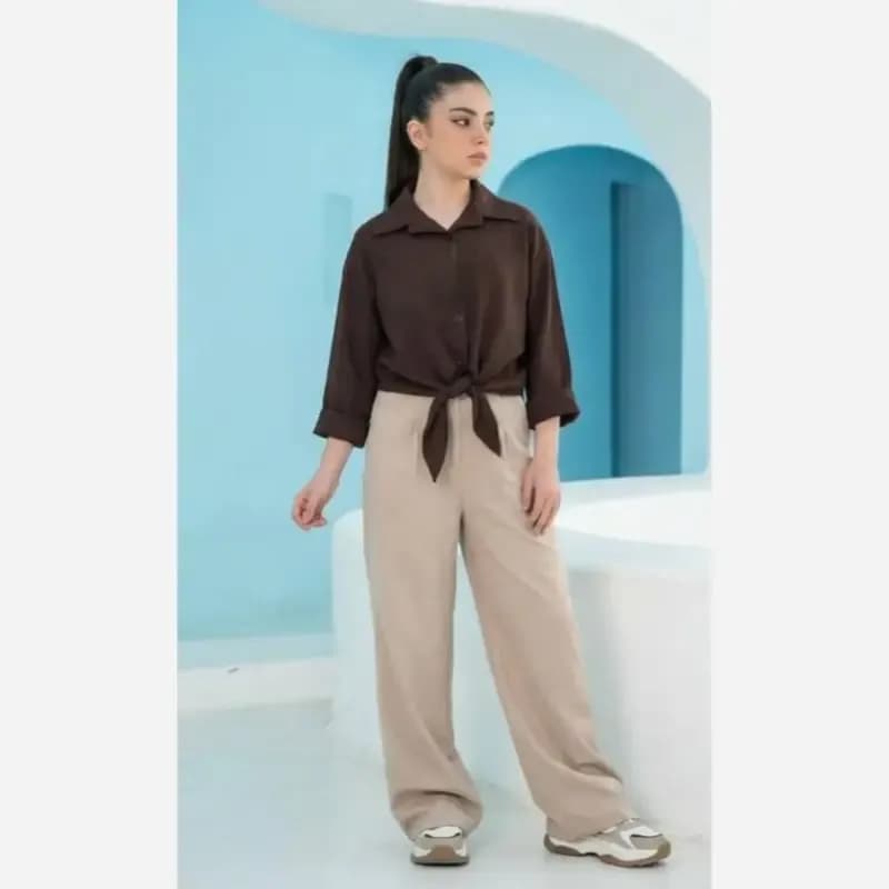 شومیز کراپ گره ای دخترانه لینن ترک — تصویر ۵