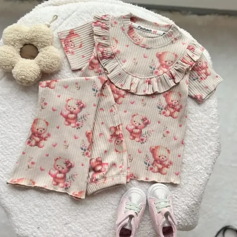بلوز و شلوار راحتی دخترانه طرح تدی جنس ریلی خنک و تابستانه — تصویر ۳