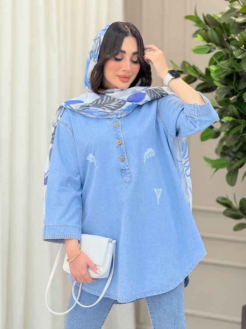 مانتو جین یقه سه دکمه آستین پاگن کد 6299