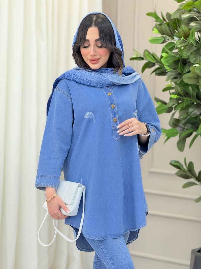 مانتو جین یقه سه دکمه آستین پاگن کد 6299 — تصویر ۴