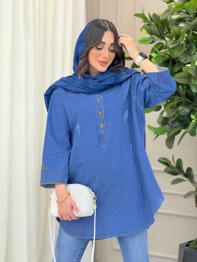 مانتو جین یقه سه دکمه آستین پاگن کد 6299 — تصویر ۳