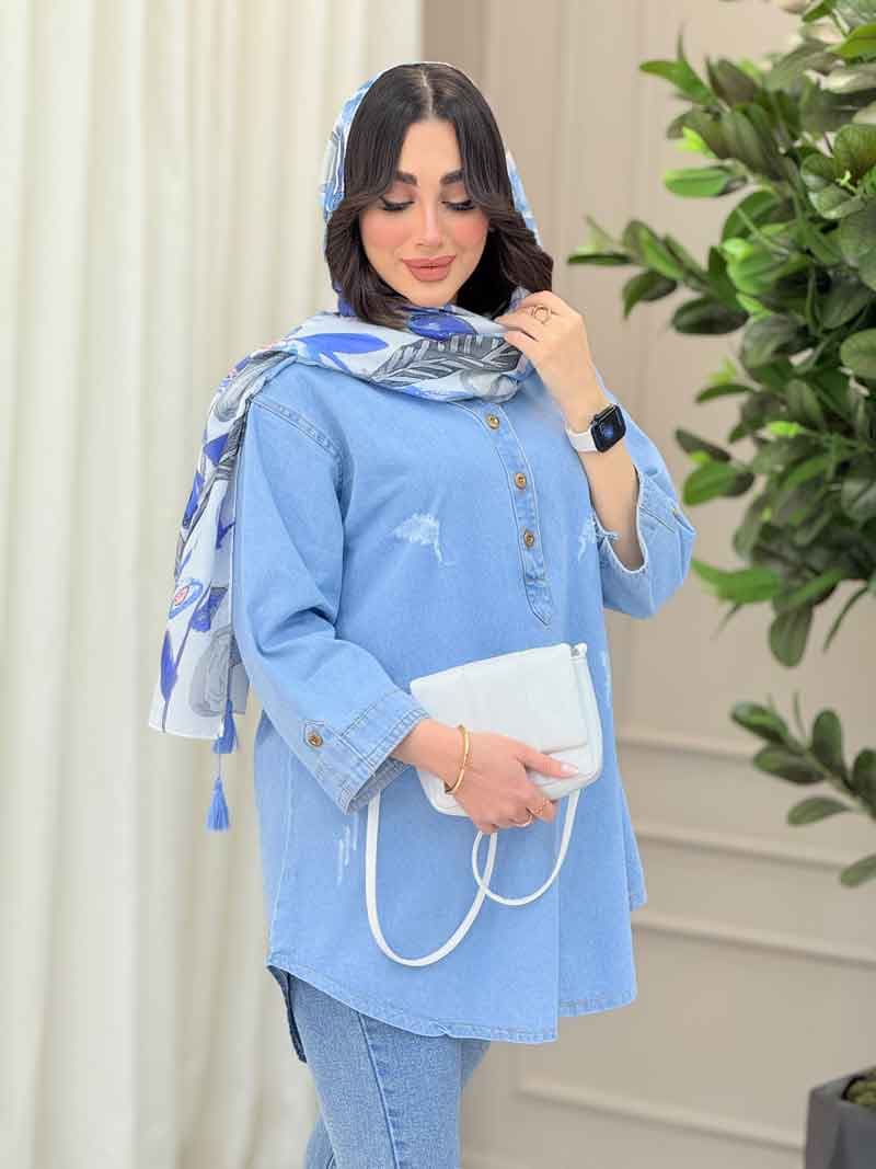 مانتو جین یقه سه دکمه آستین پاگن کد 6299 — تصویر ۷