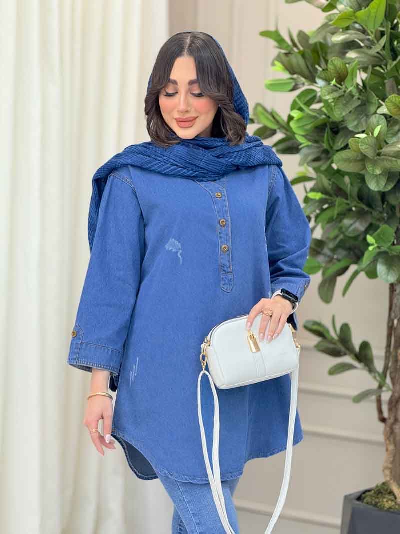مانتو جین یقه سه دکمه آستین پاگن کد 6299 — تصویر ۶