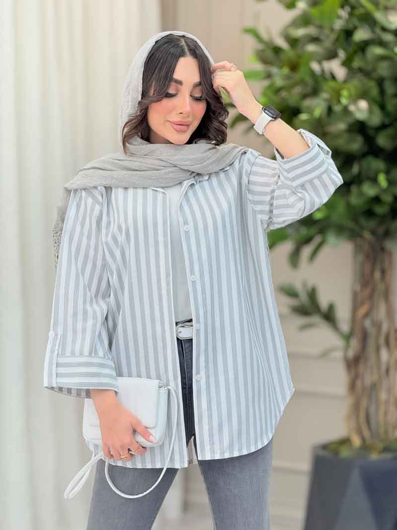 مانتو راه راه آستین پاگن پایین هلال کد 6213 — تصویر ۷