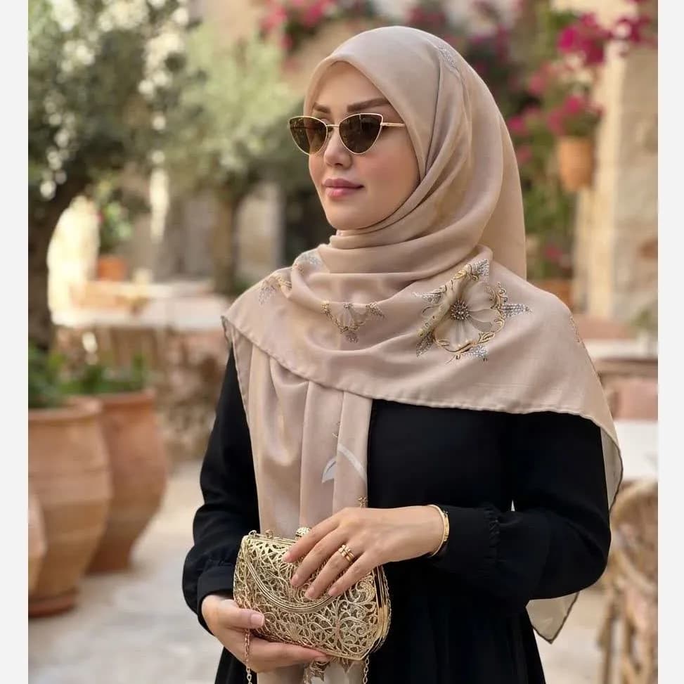 روسری مجلسی نخ کاستوم قواره 140 طرح نبات — تصویر ۷