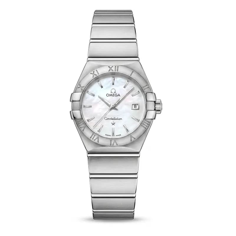 ساعت مچی زنانه امگا کانسلیشن مدل ایندکس خطی نقره ای سفید صدفی (Omega Constellation)
