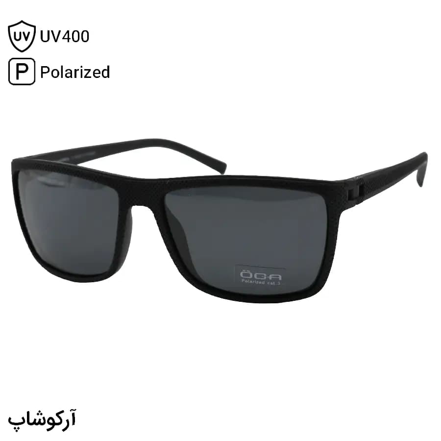 عینک آفتابی OGA MOREL با فریم مشکی مات، مستطیلی شکل، دسته فنری، لنز دودی تیره و پلاریزه مدل P78033