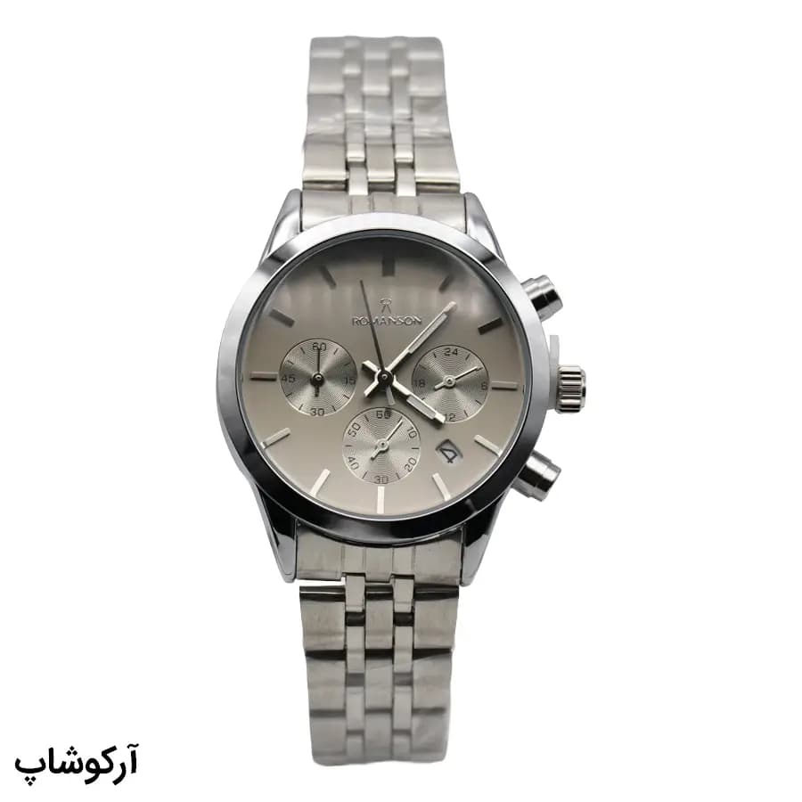 ساعت ست مردانه و زنانه ROMANSON نقره‌ای، صفحه طوسی، بند استیل نقره‌ای، قاب گرد، کرنوگراف، نمایش تاریخ و 24 ساعته، قفل تاشو مدل RM0228T — تصویر ۲