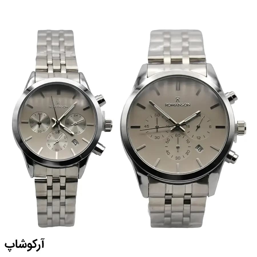 ساعت ست مردانه و زنانه ROMANSON نقره‌ای، صفحه طوسی، بند استیل نقره‌ای، قاب گرد، کرنوگراف، نمایش تاریخ و 24 ساعته، قفل تاشو مدل RM0228T