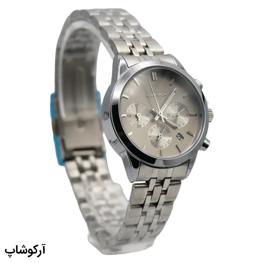 ساعت ست مردانه و زنانه ROMANSON نقره‌ای، صفحه طوسی، بند استیل نقره‌ای، قاب گرد، کرنوگراف، نمایش تاریخ و 24 ساعته، قفل تاشو مدل RM0228T — تصویر ۴