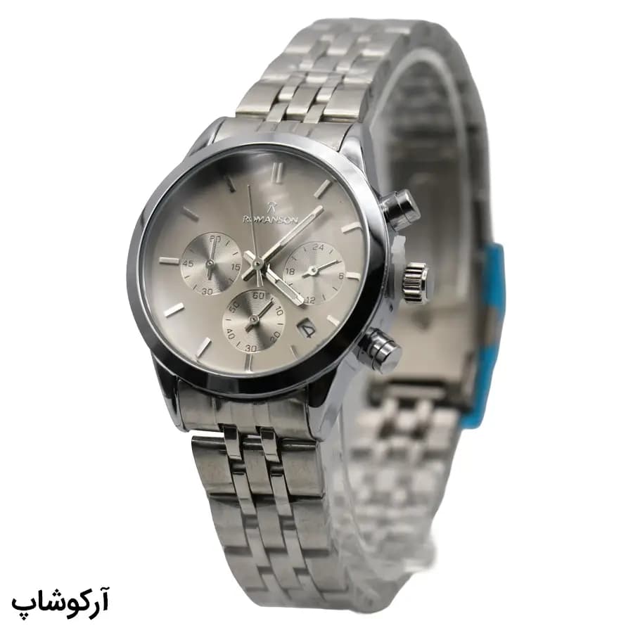 ساعت ست مردانه و زنانه ROMANSON نقره‌ای، صفحه طوسی، بند استیل نقره‌ای، قاب گرد، کرنوگراف، نمایش تاریخ و 24 ساعته، قفل تاشو مدل RM0228T — تصویر ۳