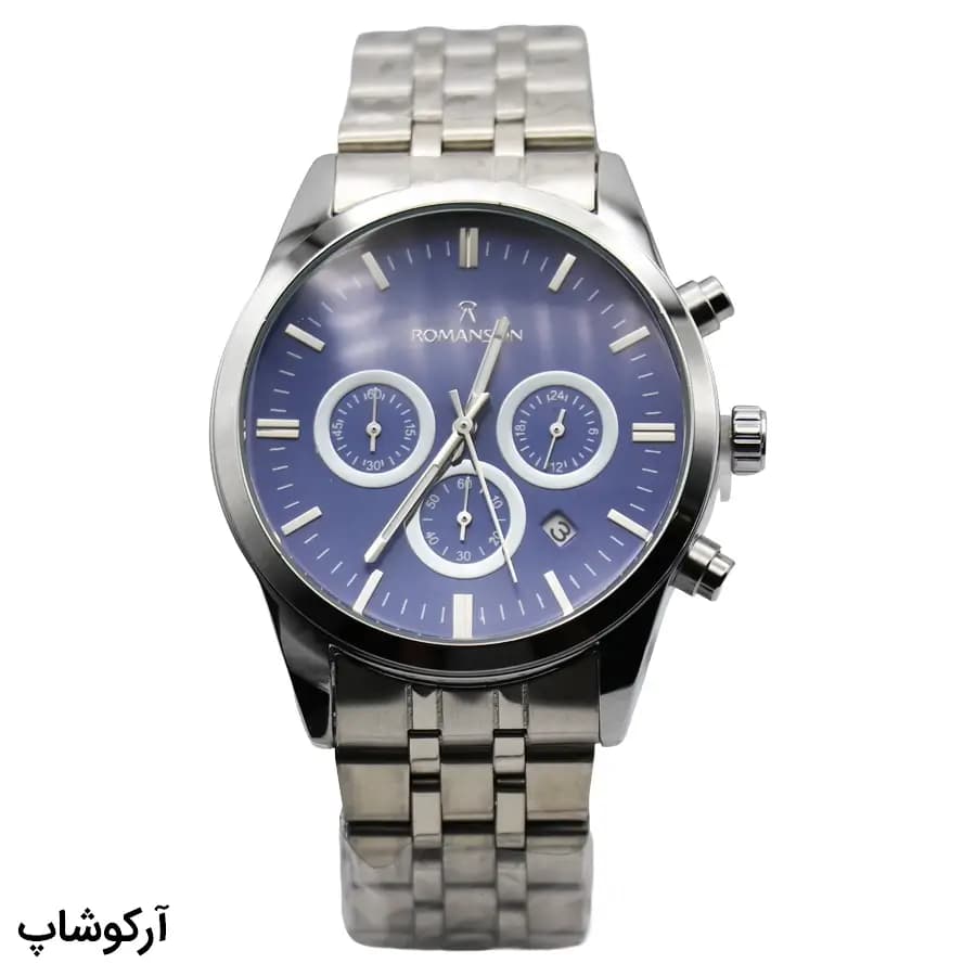 ساعت مردانه ROMANSON سرمه‌ای، صفحه سرمه‌ای، بند استیل نقره‌ای، قاب گرد، موتور کوارتز و قفل تاشو ضامن‌دار مدل RM0228B