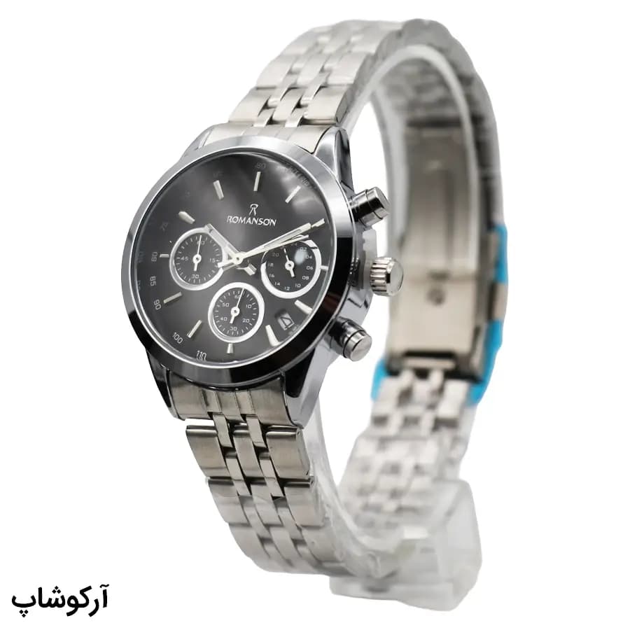 ساعت زنانه ROMANSON نقره‌ای، صفحه مشکی، بند استیل نقره‌ای، قاب گرد، موتور کوارتز کرنوگراف و قفل تاشو مدل RM0228H — تصویر ۲