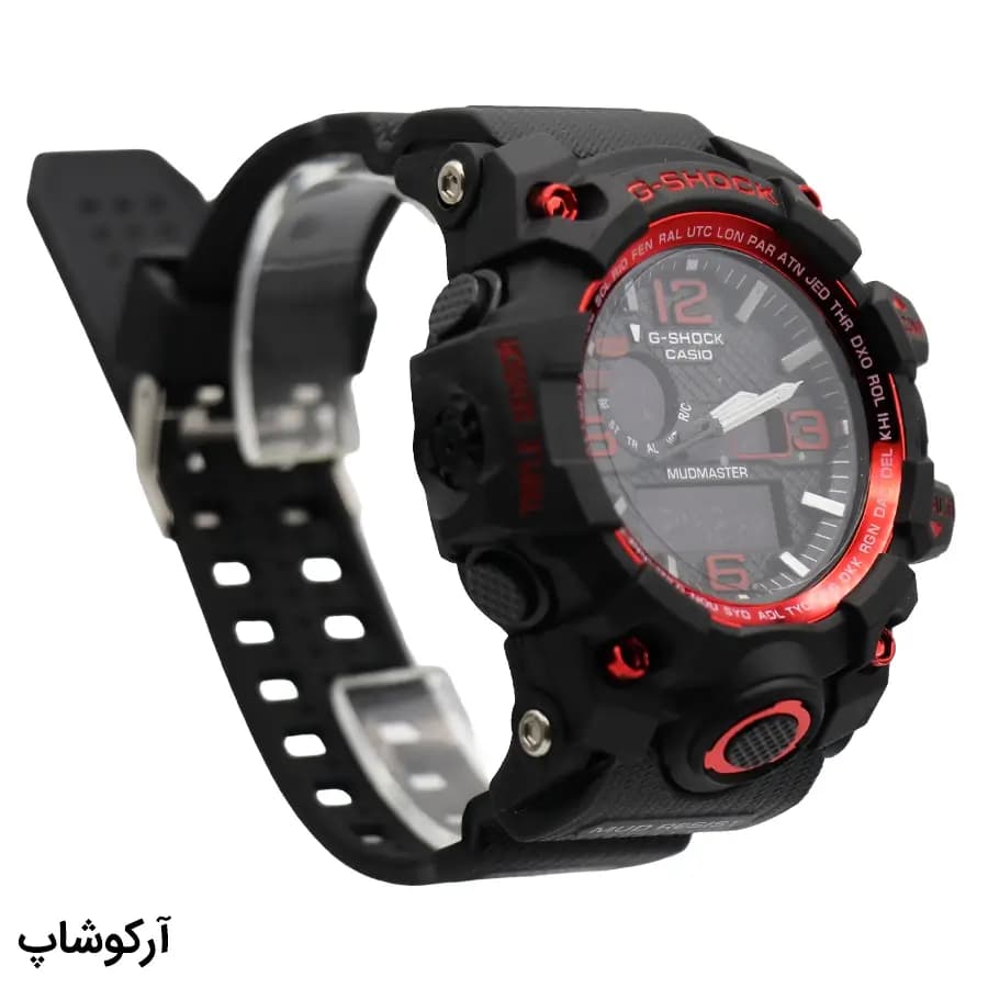 ساعت مردانه CASIO G-SHOCK مشکی قرمز، صفحه آنالوگ-دیجیتال، بند رابر مشکی، قاب گرد، نور پس‌زمینه و تقویم، موتور کوارتز، قفل سگکی دو پین مدل GWG-1000 — تصویر ۳