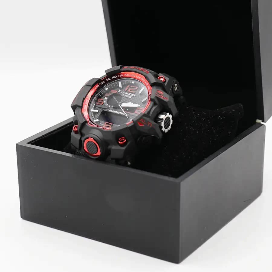 ساعت مردانه CASIO G-SHOCK مشکی قرمز، صفحه آنالوگ-دیجیتال، بند رابر مشکی، قاب گرد، نور پس‌زمینه و تقویم، موتور کوارتز، قفل سگکی دو پین مدل GWG-1000 — تصویر ۸