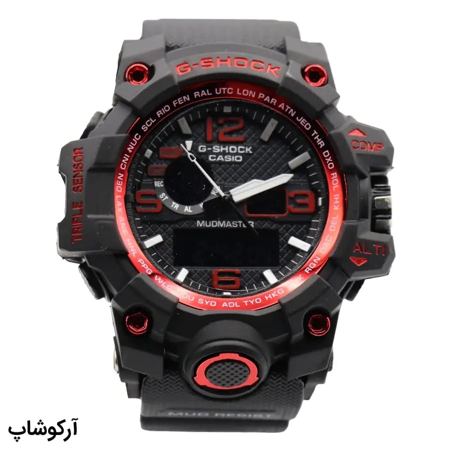 ساعت مردانه CASIO G-SHOCK مشکی قرمز، صفحه آنالوگ-دیجیتال، بند رابر مشکی، قاب گرد، نور پس‌زمینه و تقویم، موتور کوارتز، قفل سگکی دو پین مدل GWG-1000