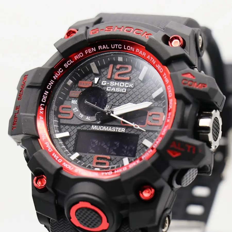 ساعت مردانه CASIO G-SHOCK مشکی قرمز، صفحه آنالوگ-دیجیتال، بند رابر مشکی، قاب گرد، نور پس‌زمینه و تقویم، موتور کوارتز، قفل سگکی دو پین مدل GWG-1000 — تصویر ۴