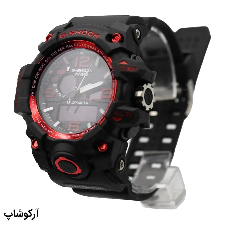 ساعت مردانه CASIO G-SHOCK مشکی قرمز، صفحه آنالوگ-دیجیتال، بند رابر مشکی، قاب گرد، نور پس‌زمینه و تقویم، موتور کوارتز، قفل سگکی دو پین مدل GWG-1000 — تصویر ۲